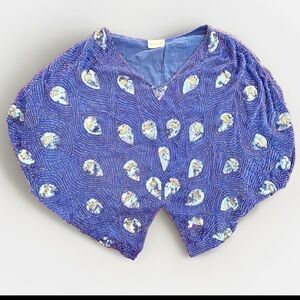 Vintage Swee Lo Silk Sequin Butterfly Top Beaded Blue Blouse Boho Disco Party